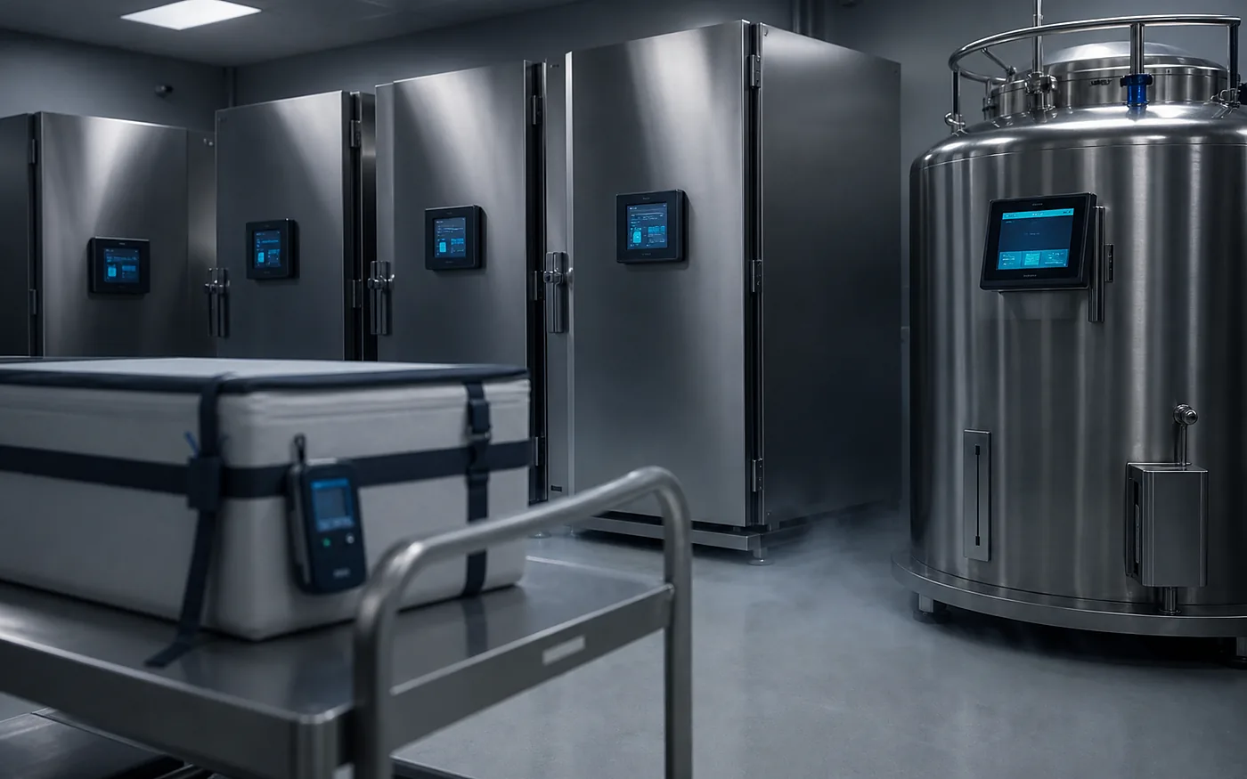 Controlled cold storage equipment with monitoring displays in a laboratory.