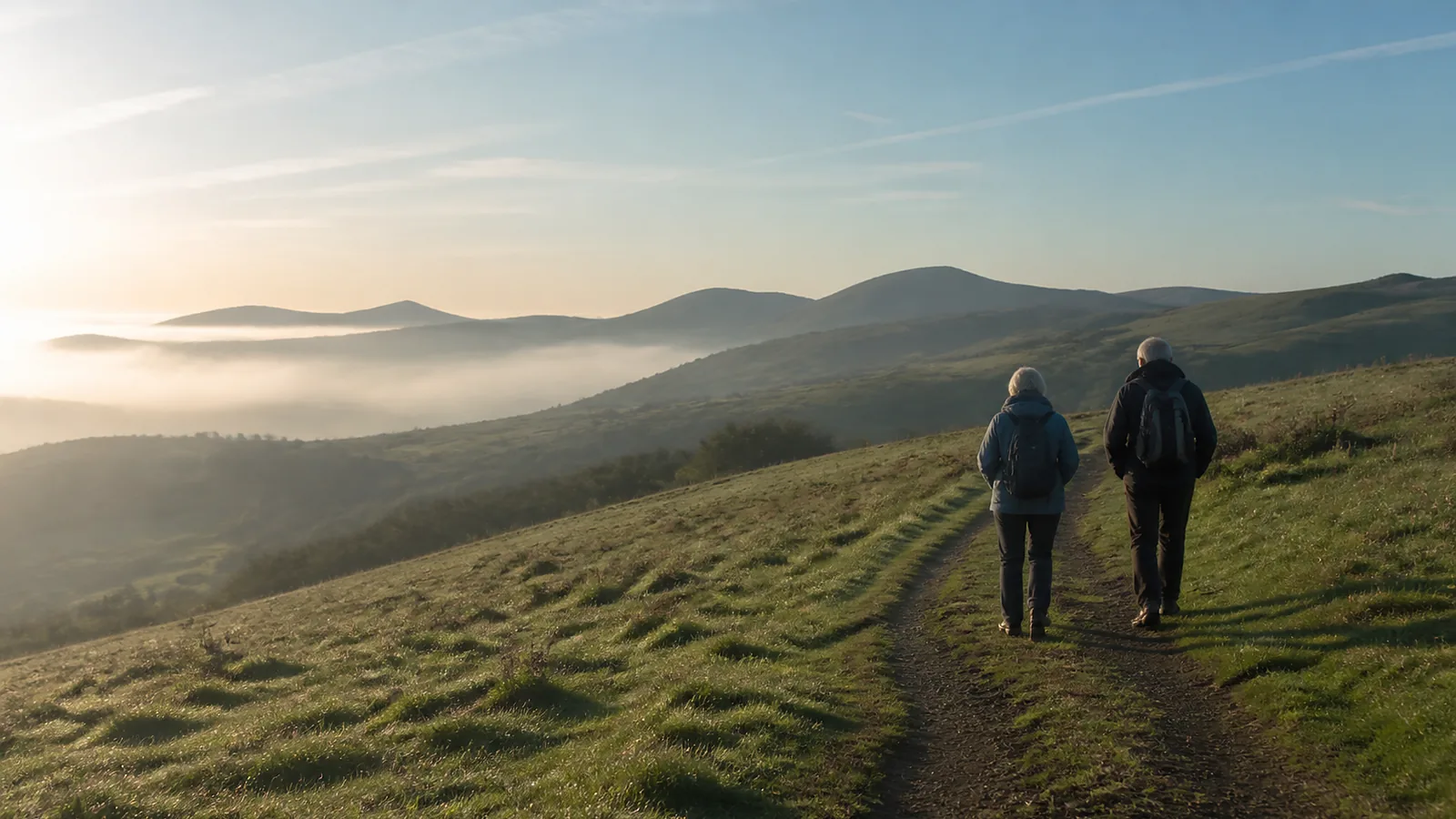 An older couple walking a hillside trail together in morning light.