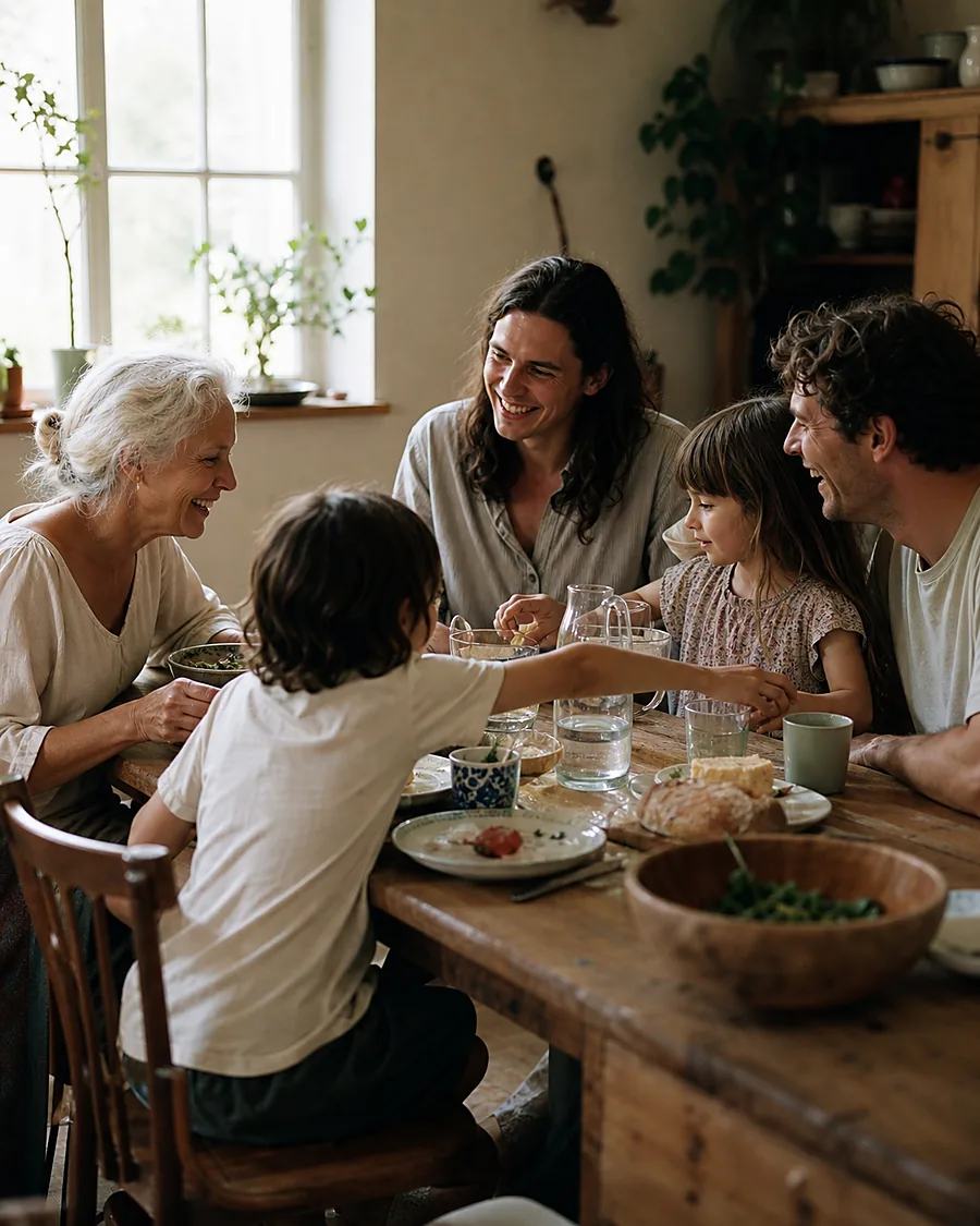 Three generations of a family sharing a meal around a kitchen table.