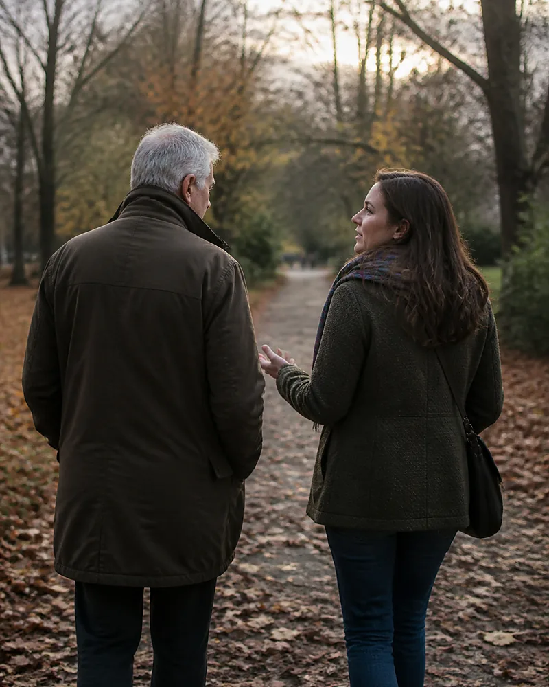 A father and his adult daughter walking together on a tree-lined path.