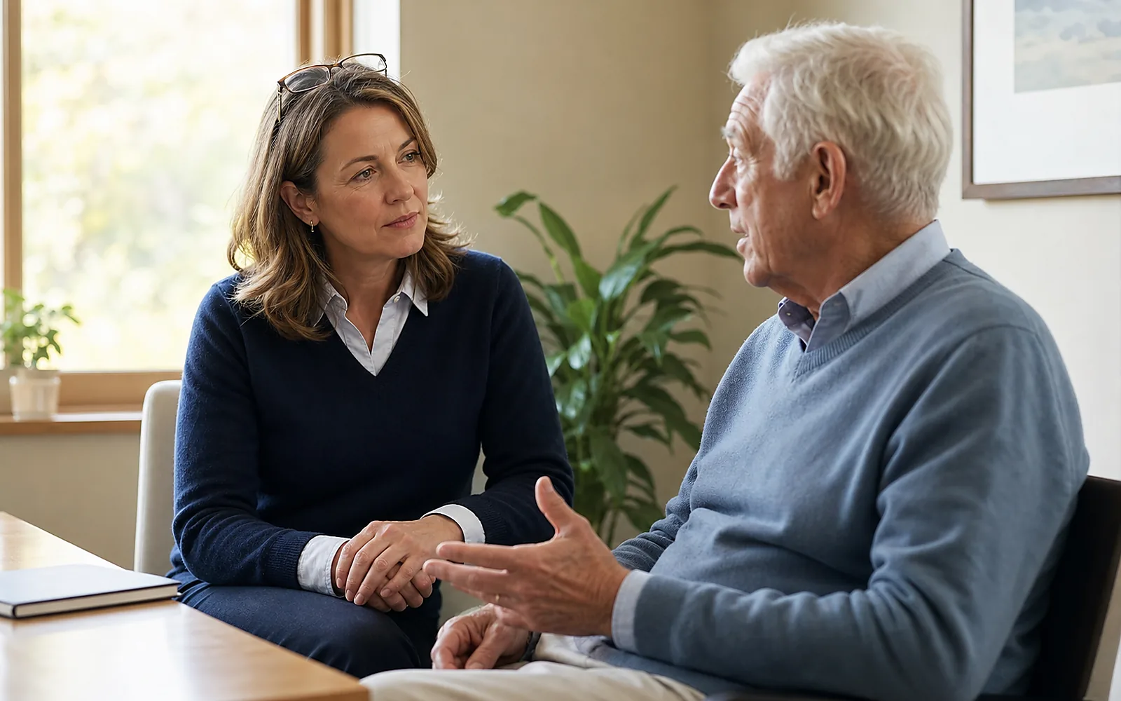 A physician sitting and talking with a patient in a bright consultation room.